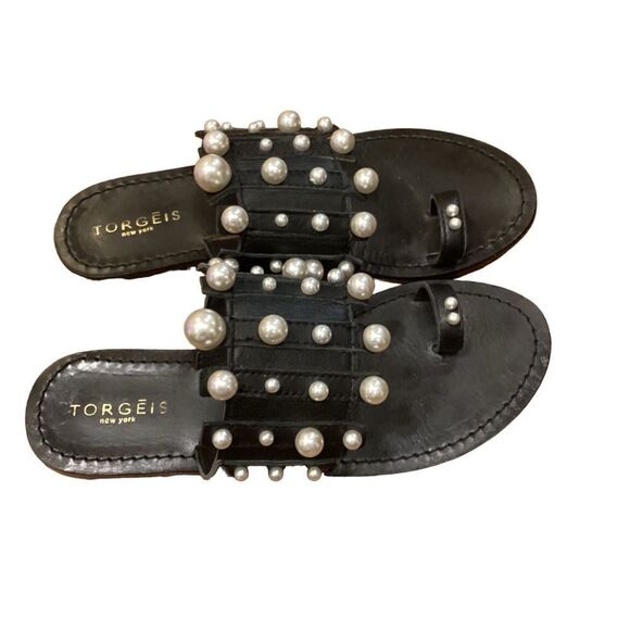 Torgeis Black Leather Flat Toe Ring Pearl Sandals 6.5 - Picture 6 of 11